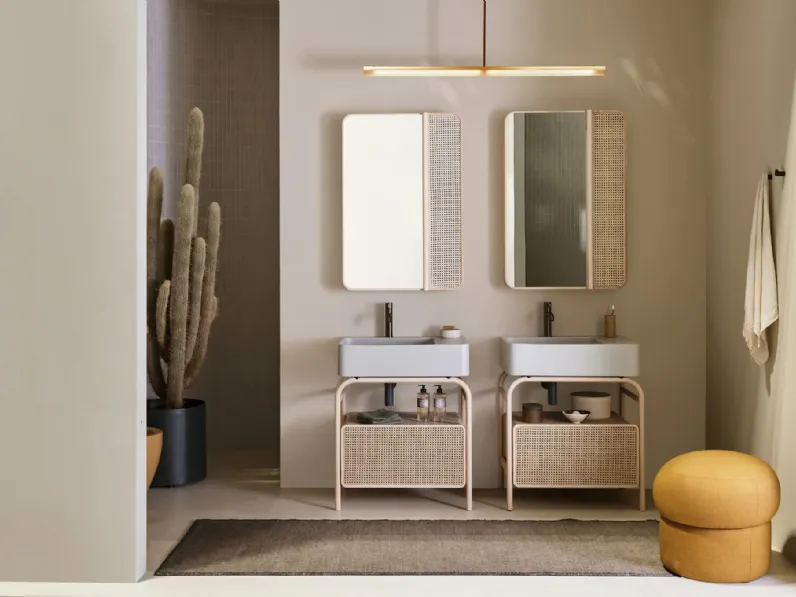 Mobile da Bagno Marcel in legno massello e paglia di Vienna di Ceramica Cielo
