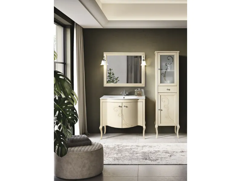 Mobile da Bagno Martina in legno finitura Avorio decapè con pomelli cromo con Swarovski e lavabo in ceramica di Bluelife