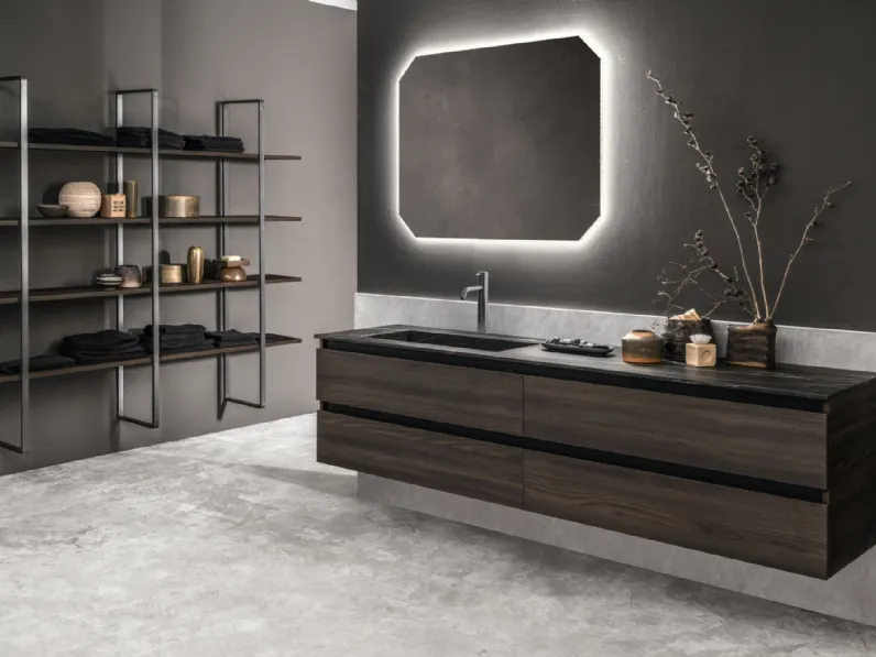 Mobile da Bagno sospeso con finitura effetto legno e top in Gres Miyo 03 di Synergie