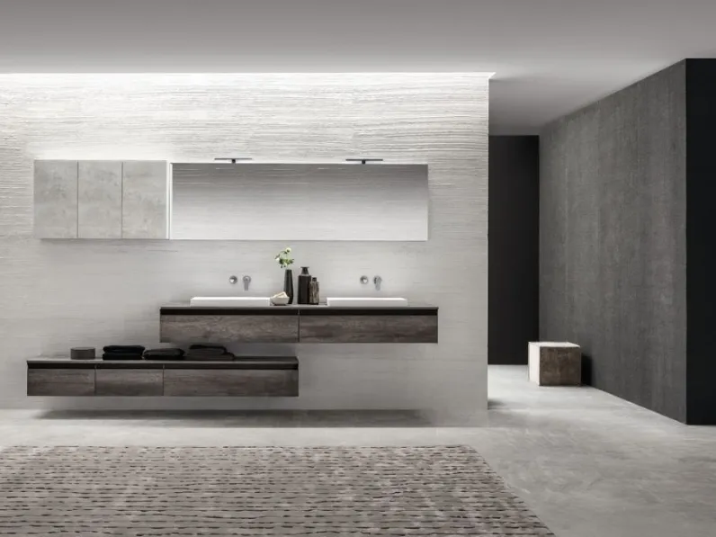 Mobile da Bagno sospeso in laminato effetto legno e pensili effetto cemento Miyo 04 di Synergie