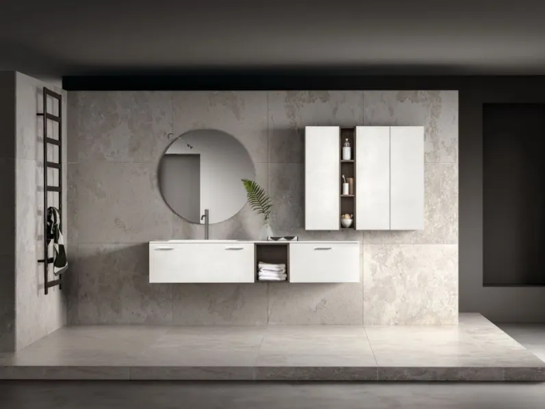 Mobile da Bagno sospeso in laminato cemento chiaro e top bianco opaco Miyo 09 di Synergie