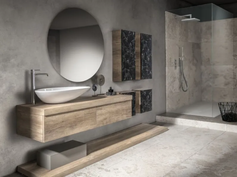 Mobile da Bagno sospeso effetto legno con piano di appoggio a terra Miyo 11 di Synergie