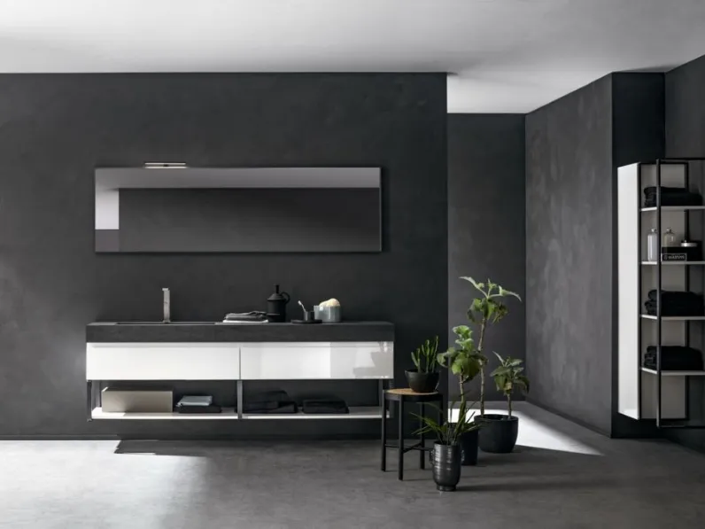 Mobile da Bagno sospeso in laccato bianco lucido e top in gres con lavabo integrato Miyo 01 di Synergie