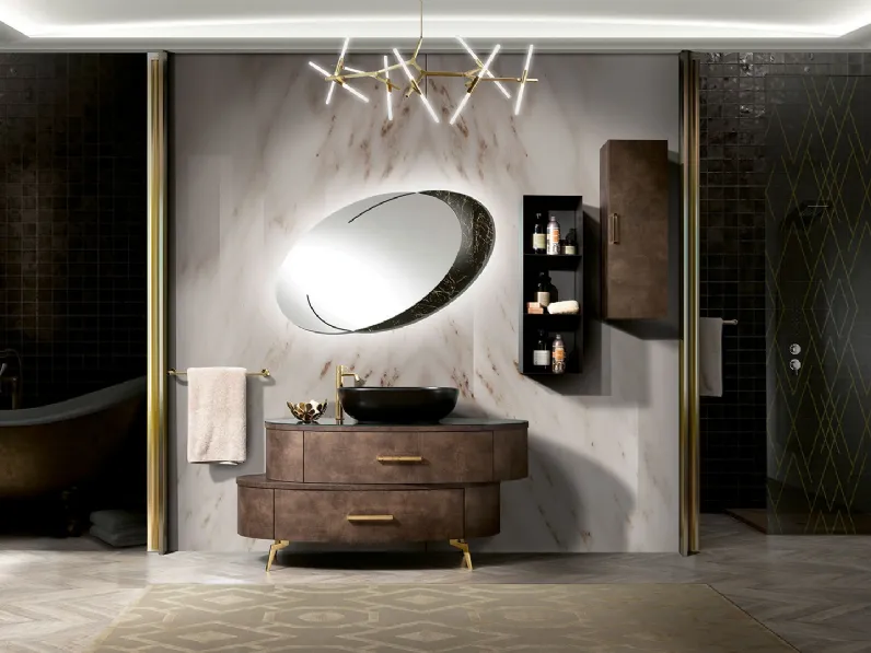 Mobile da Bagno con finitura effetto pelle, piedini e maniglie in metallo e top in vetro effetto marmo Incanto di Mobil Più