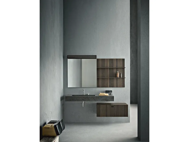 Mobile da Bagno sospeso in rovere termocotto con lavabo in laminam pietra di Savoia grigio antracite Craft 12 di Novello