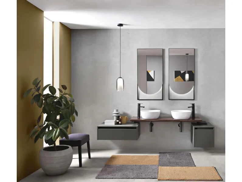 Mobile da Bagno sospeso Piave in nobilitato Antracite opaco con top in Frassino tinto Noce di Bluelife