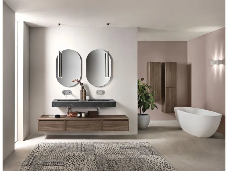 Mobile da Bagno sospeso Piave in nobilitato Noce Americano con top in HPL Marmo Nero Marquinia di Bluelife