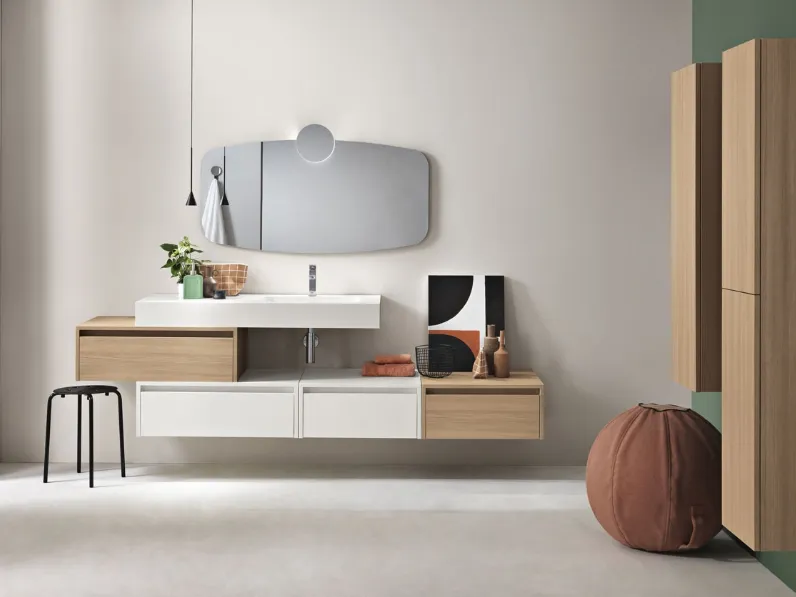 Mobile da Bagno sospeso Piave in nobilitato Rovere Miele e Bianco opaco con top in HPL Bianco con lavabo integrato di Bluelife