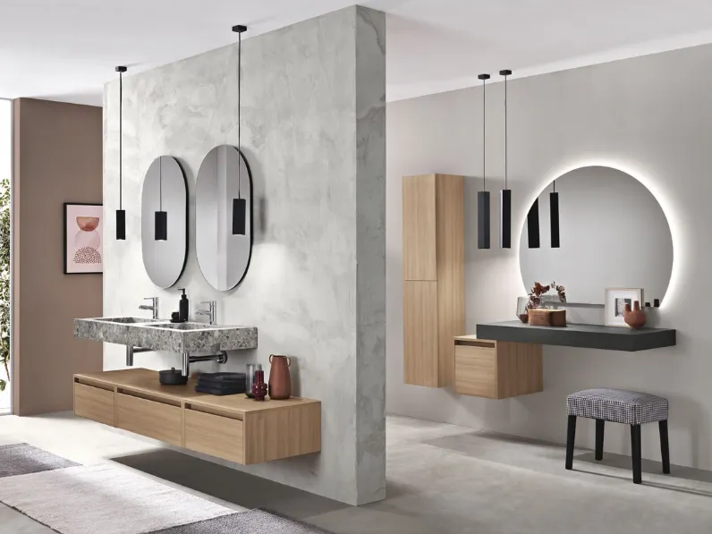 Mobile da Bagno sospeso Piave in nobilitato Rovere Miele con top in HPL Ceppo di Grè con lavabo integrato di Bluelife
