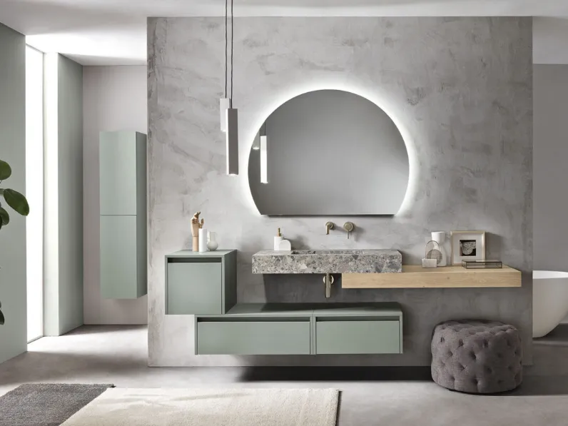 Mobile da Bagno sospeso Piave in nobilitato Verde Frassinato con top in laminato Ceppo di Grè e in polimerico Rovere chiaro di Bluelife