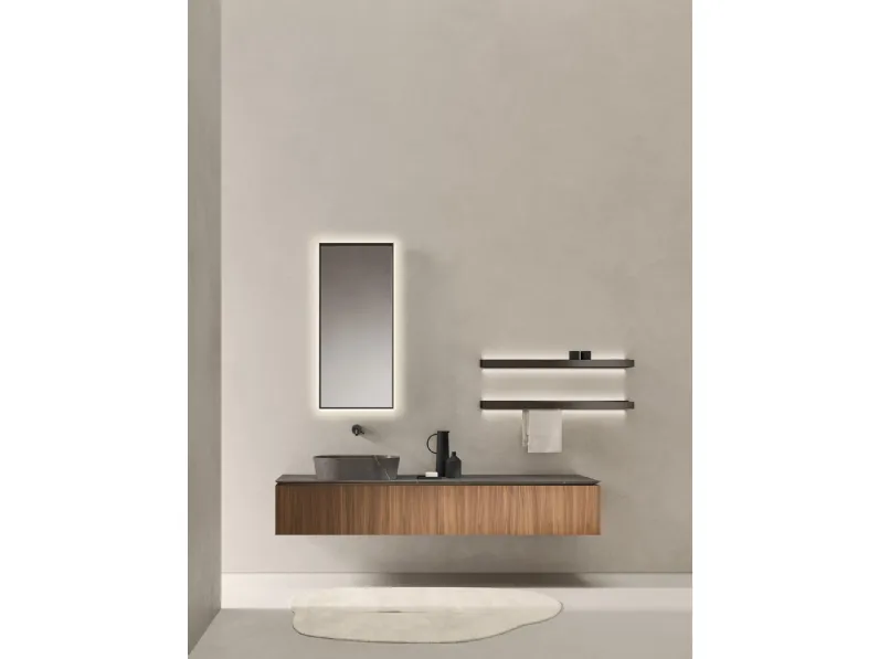 Mobile da Bagno sospeso in Noce Canaletto con top e lavabo da appoggio in pietra Medea Puro 24 02 di Milldue