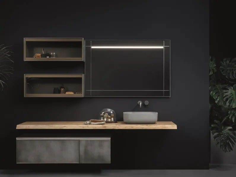 Mobile da Bagno sospeso in alluminio finitura titanio e top in rovere massello Quari 05 di Novello