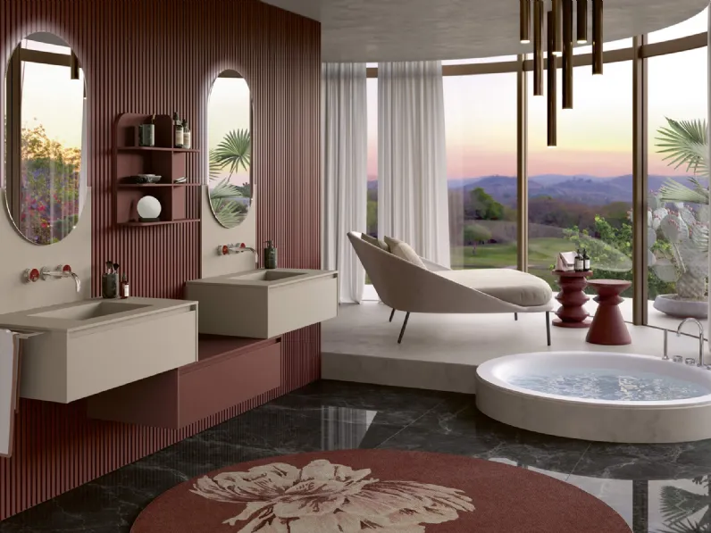 Mobile da Bagno sospeso 3Punto0 117 in laccato rosso Jaipur touch e Fenix beige Arizona di Rab Arredobagno