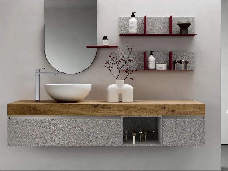 Mobile da Bagno sospeso Soul Wood 106 con base in pietra Piacentina cenere e top in Quercia di Rab Arredobagno