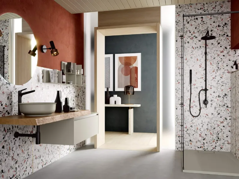 Mobile da Bagno sospeso Soul Wood 109 con base ed elementi a giorno in laccato Lino opaco e top in Rovere massellato di Rab Arredobagno