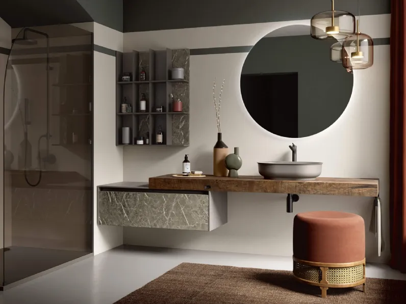 Mobile da Bagno sospeso Soul Wood 110 con top in Ascia e frontale cassetto in HPL beige antico di Rab Arredobagno