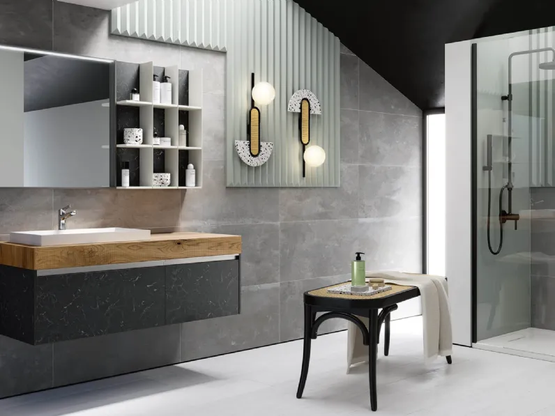 Mobile da Bagno sospeso Soul Wood 118 con top in Quercia e frontali in HPL di Rab Arredobagno