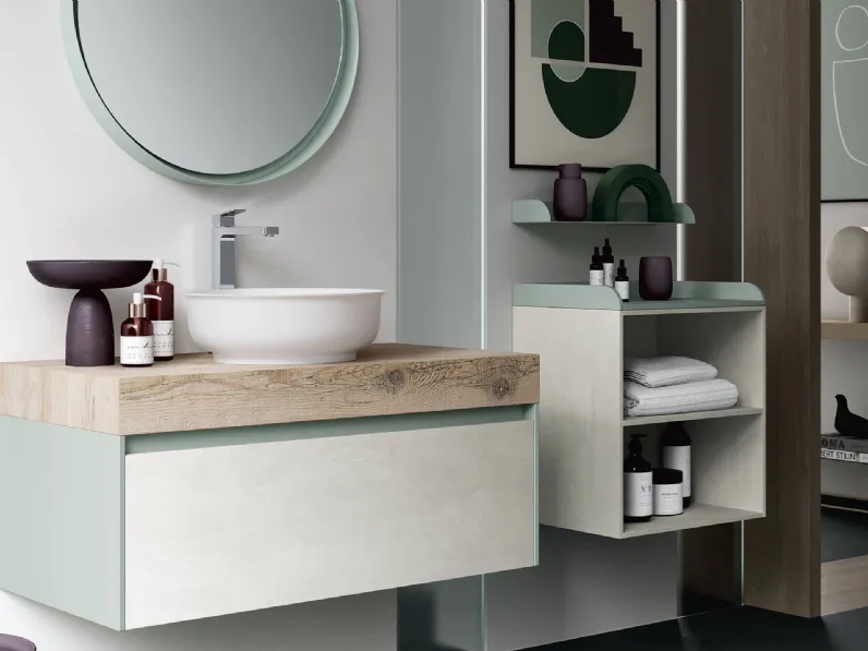Mobile da Bagno sospeso Soul Wood 119 con top in legno Old saponato e frontale in materico Talco di Rab Arredobagno