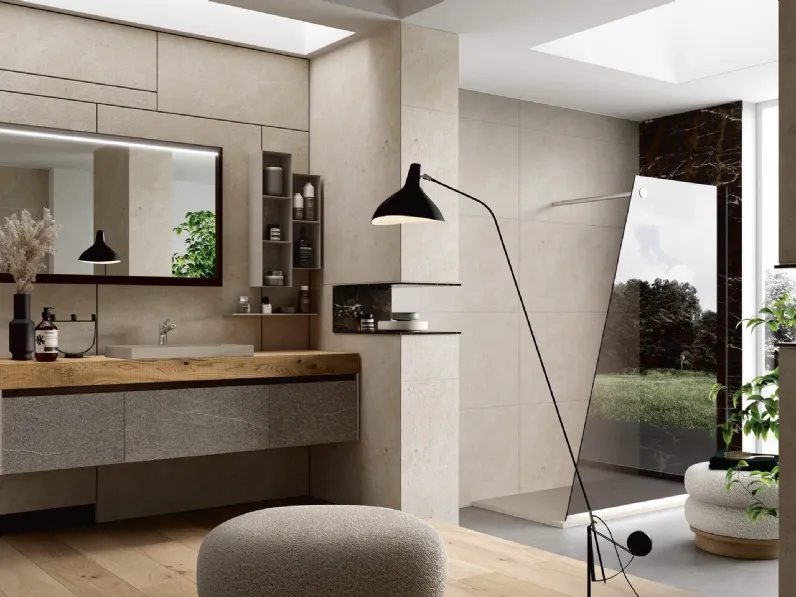 Mobile da Bagno sospeso Soul Wood 123 in Quercia e pietra Piacentina grigia di Rab Arredobagno