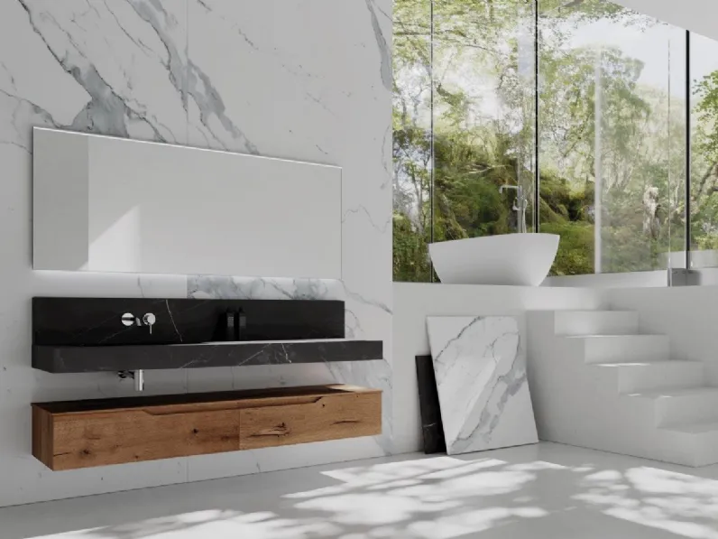Mobile da bagno sospeso in legno con top in HPL effetto marmo Rustech RT15 di Arteba