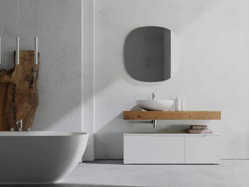 Mobile da bagno a terra in laccato bianco opaco con top in Rovere Rustech RT12 di Arteba