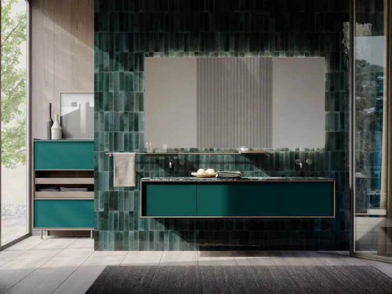 Mobile da Bagno sospeso in laccato verde petrolio e top in gres Sartus 11 di Novello