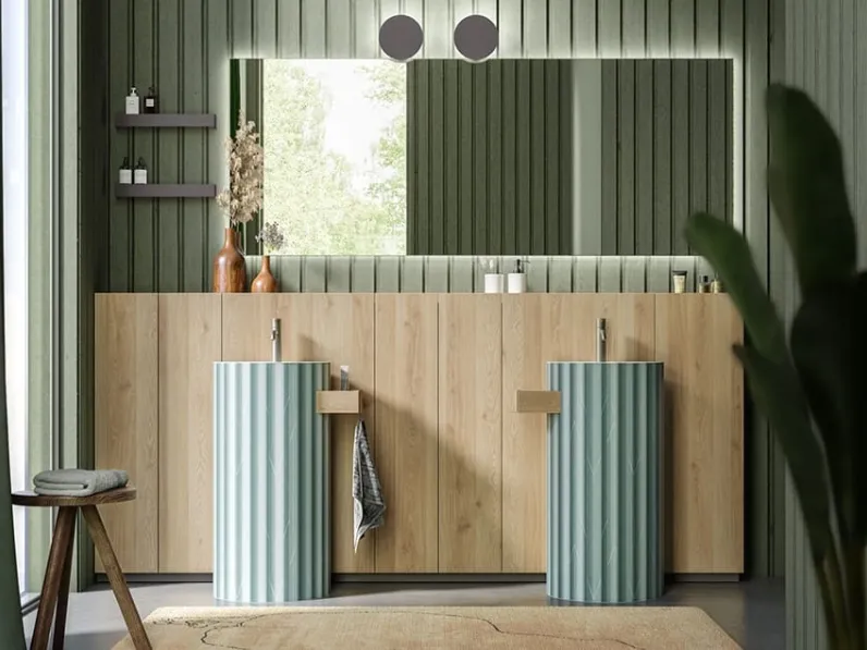 Mobile da Bagno sospeso in melaminico con lavabi in fibra di vetro a terra Segno 02 di Cerasa