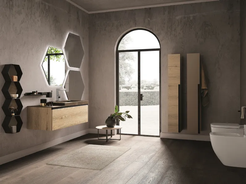 Mobile da Bagno Side 04 in melaminico rovere e top in gres con vasca intregrata di Archeda