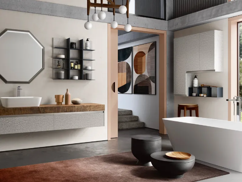 Bagno sospeso Soul Wood 100 con top in legno massello di Ascia recuperato di Rab Arredobagno