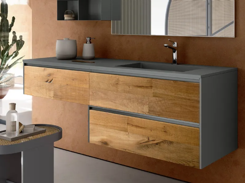 Mobile da Bagno sospeso Soul Wood 102 con frontali in Quercia, fianchi, pensile, vano a giorno e maniglie in laccato Piombo Opaco di Rab Arredobagno