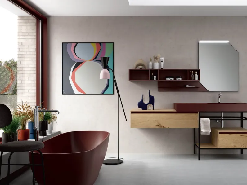 Mobile da Bagno a terra Soul Wood 108 in Rovere nodato con top in Fenix rosso Jaipur e struttura in metallo nero opaco di Rab Arredobagno