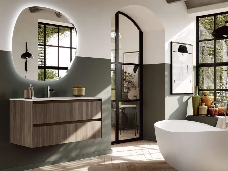 Mobile da Bagno sospeso Soul Wood 111 in Noce rigato con top in Mineralux di Rab Arredobagno