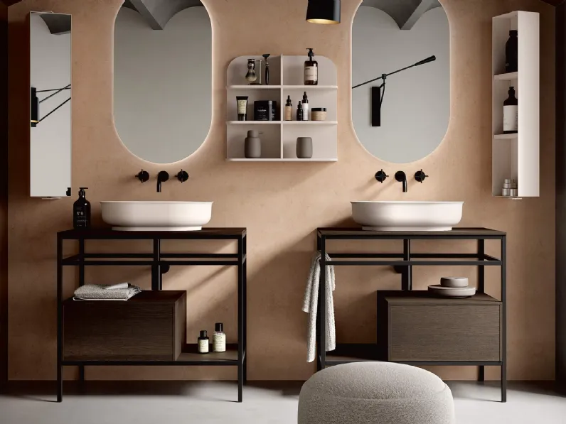 Mobile da Bagno a terra Soul Wood 112 con struttura in metallo nero opaco. basi, top e ripiani in Rovere termocotto di Rab Arredobagno