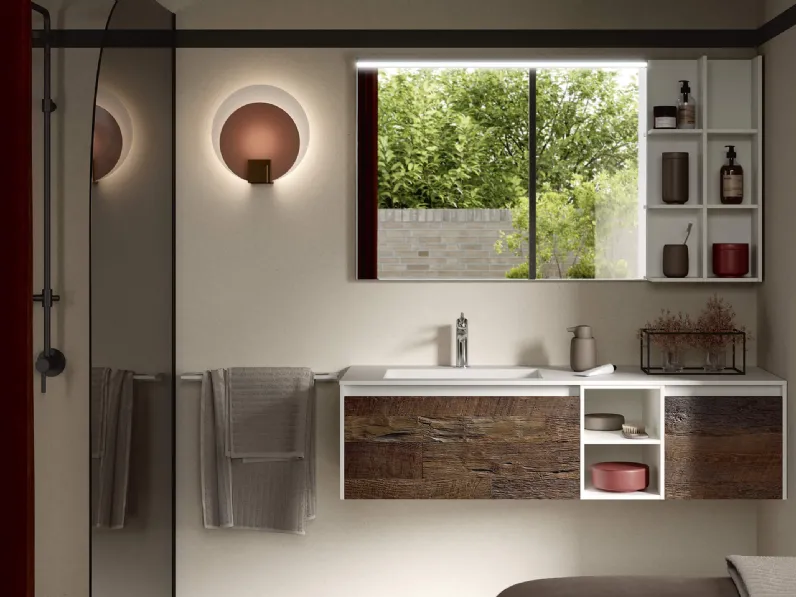 Mobile da Bagno sospeso Soul Wood 113 con frontali in Ascia e laccato bianco di Rab Arredobagno