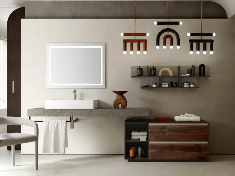 Mobile da Bagno a terra Soul Wood 114 con frontali in Larice e top in pietra Piacentina di Rab Arredobagno