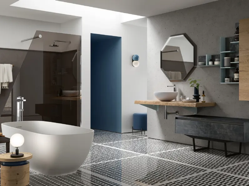 Bagno a terra Soul Wood 121 con top in rovere massellato e base in Basalto su panca in metallo di Rab Arredobagno