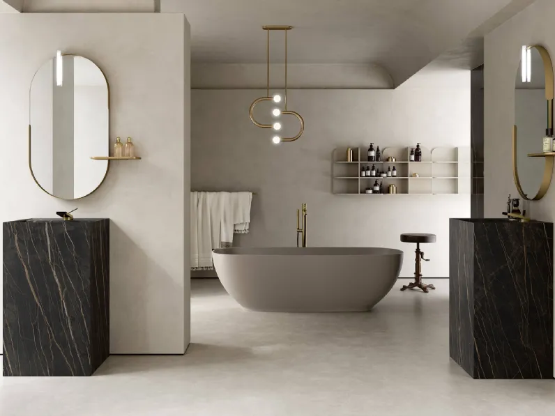 Mobile da Bagno a terra Soul Wood 125, lavabo cubo in Laminam Noir Desir di Rab Arredobagno