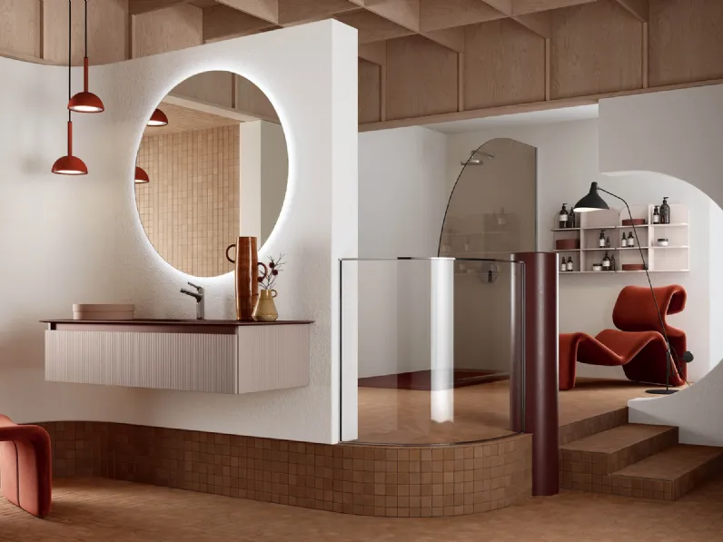 Mobile da Bagno sospeso Step 101 con top in Fenix rosso Jaipur con vasca Plano. base in laccato Camoscio opaco con gola in laccato rosso Jaipur opaco di Rab Arredobagno