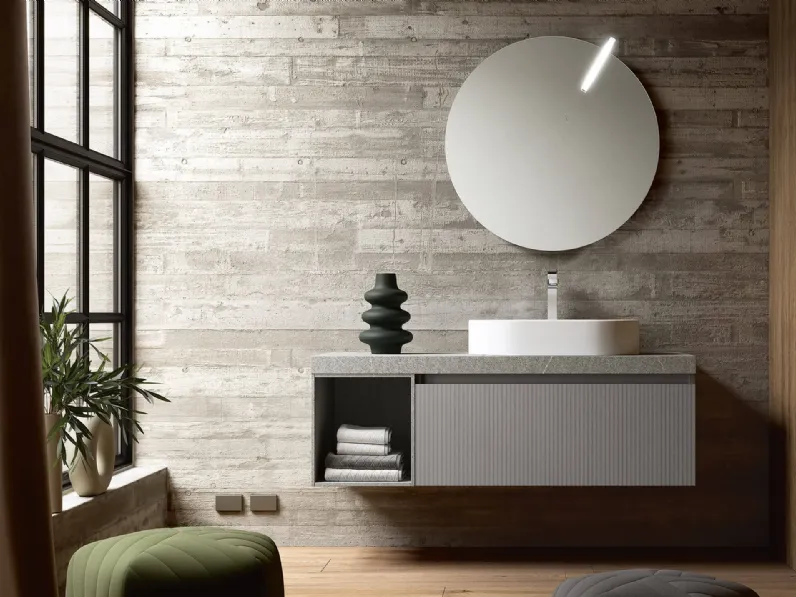 Mobile da Bagno sospeso con texture a righe Step 103 in laccato cemento opaco e materico Piacentina cenere di Rab Arredobagno