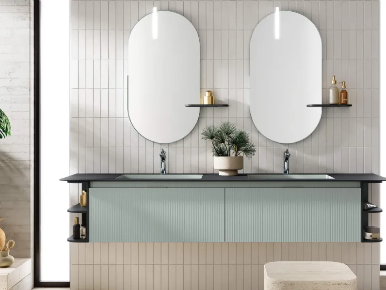 Mobile da Bagno sospeso Step 104 con base in laccato nebbia opaco ed elementi laterali a giorno in laccato grigio bromo opaco di Rab Arredobagno