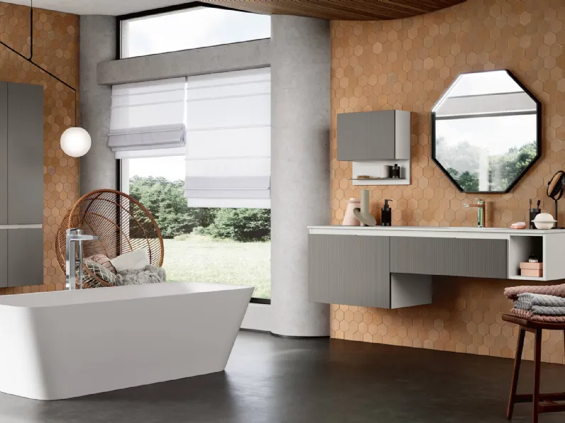 Mobile da Bagno sospeso Step 109 con basi e pensile in laccato grigio Efeso opaco e frontali in laccato grigio Londra opaco di Rab Arredobagno