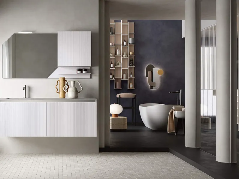 Mobile da Bagno sospeso con lavorazione a righe verticali Step 112 in laccato Polvere opaco e top in laminam pietra di Savoia di Rab Arredobagno