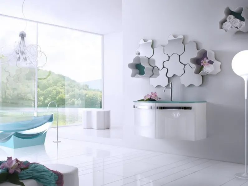 Mobile da Bagno sospeso laccato lucido con top in vetro sabbiato Forme Curvi 06 di Synergie