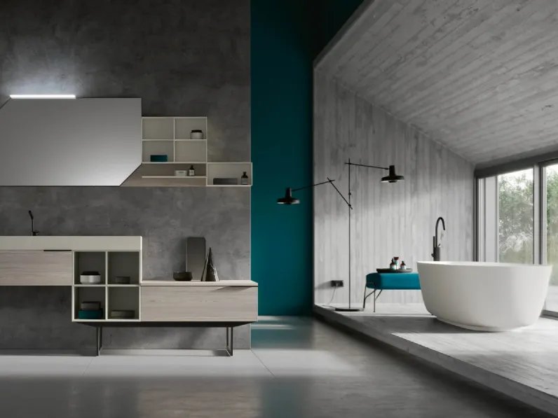 Mobile da Bagno a terra Thai 310 in materico Lino e laccato opaco panna con base in metallo di Rab Arredobagno