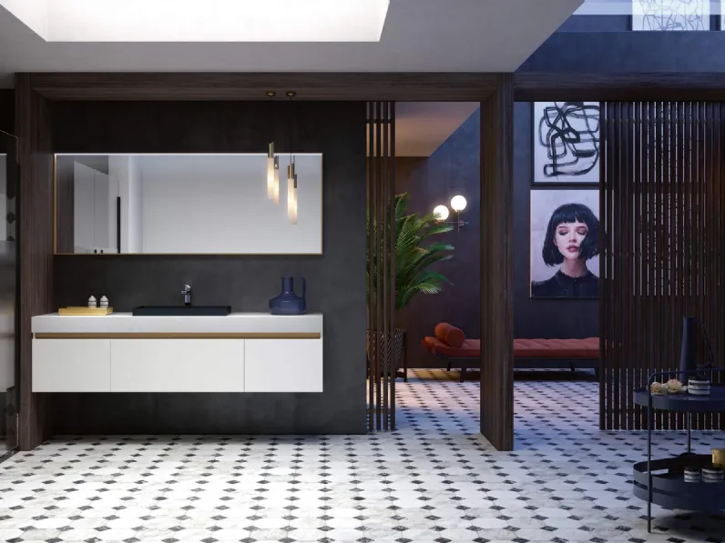 Mobile da Bagno sospeso Thai 317 in laccato opaco bianco con top in materico Talco e lavabo in Mineralux colorato di Rab Arredobagno