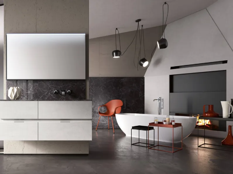 Mobile da Bagno sospeso Thai 319 in materico Talco e top in laminam nero Greco lucidato con vasca Plano e alzatina di Rab Arredobagno