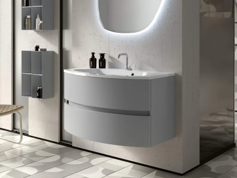 Mobile da Bagno sospeso con base curva Thai 323 in laccato opaco cenere di Rab Arredobagno