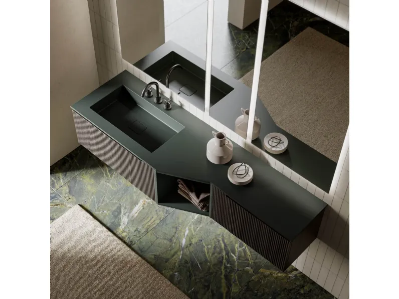 Mobile da Bagno sospeso dalla forma irregolare in polimerico finitura effetto legno con vano a giorno laccato opaco Vertigo Evolution 12 di Puntotre