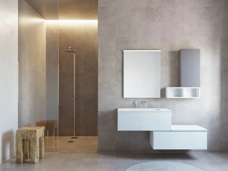 Mobile da Bagno sospeso Volo 02 in melaminico olmo bianco e top integrato mineralux bianco opaco di Arredoquattro
