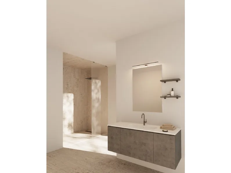 Mobile da Bagno sospeso Volo 03 in melaminico cement grey e top con lavabo integrato in ceramica di Arredoquattro